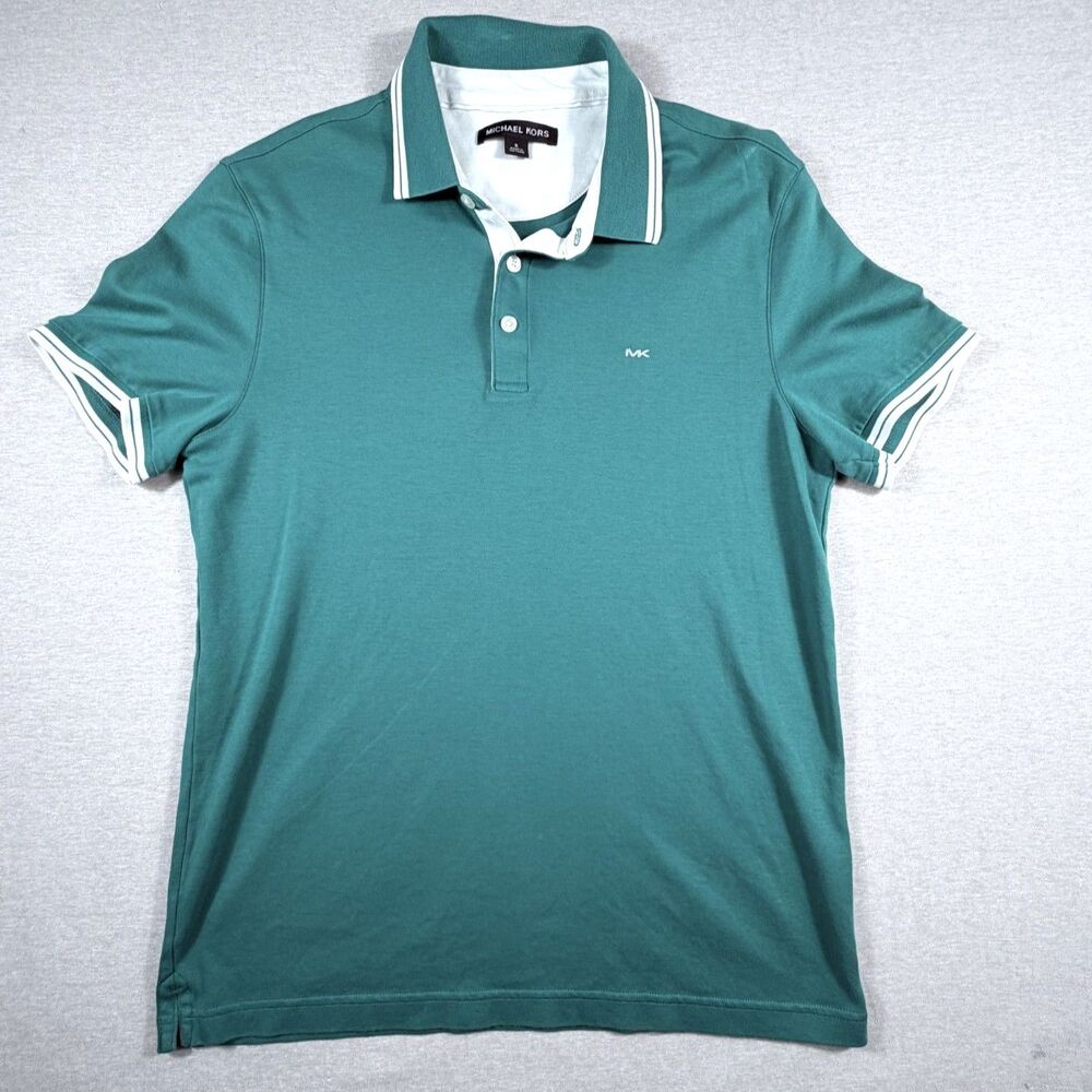 Michael Kors Men Sm Teal Polo White Trim Button Golf Office Preppy Country Club